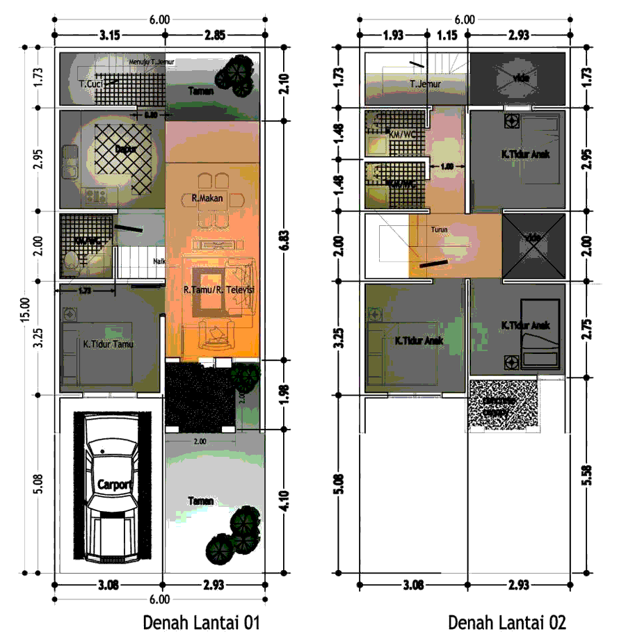 Desain Denah Rumah Minimalis 1 Lantai Ukuran 6X15 - Deagam Design