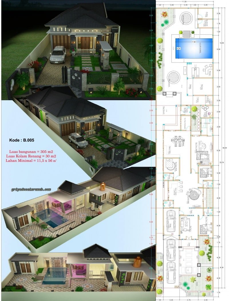 Desain Denah Rumah Minimalis Modern 2 Lantai Kolam Renang 3d